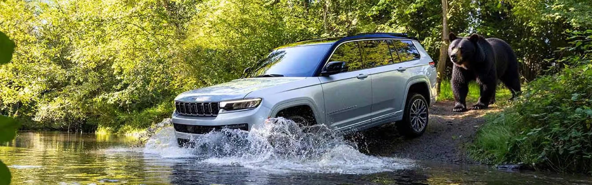 Silver Jeep Grand Cherokee driving through a river with a black bear on the bank.